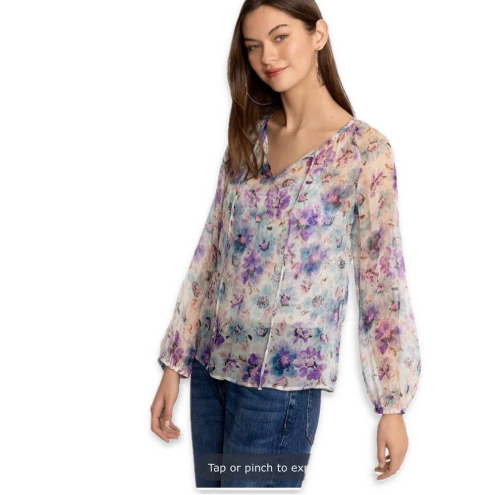 Johnny Was‎ Glinda silk peasant blouse XL floral white purple light sheer NWT - Picture 4 of 12